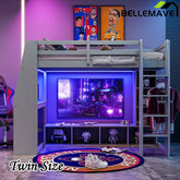 Bellemave® Wood Gaming Loft Bed with Desk, Multi - storage Shelves, LED and a Hanging Clothes Rack - Bellemave